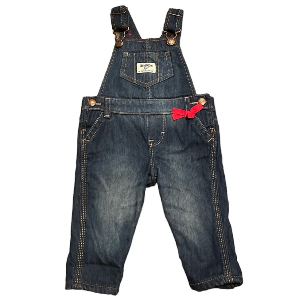 Baby Oshkosh Jean Overalls with Blue/Red Fleece Lining 6 M & Adjustable straps